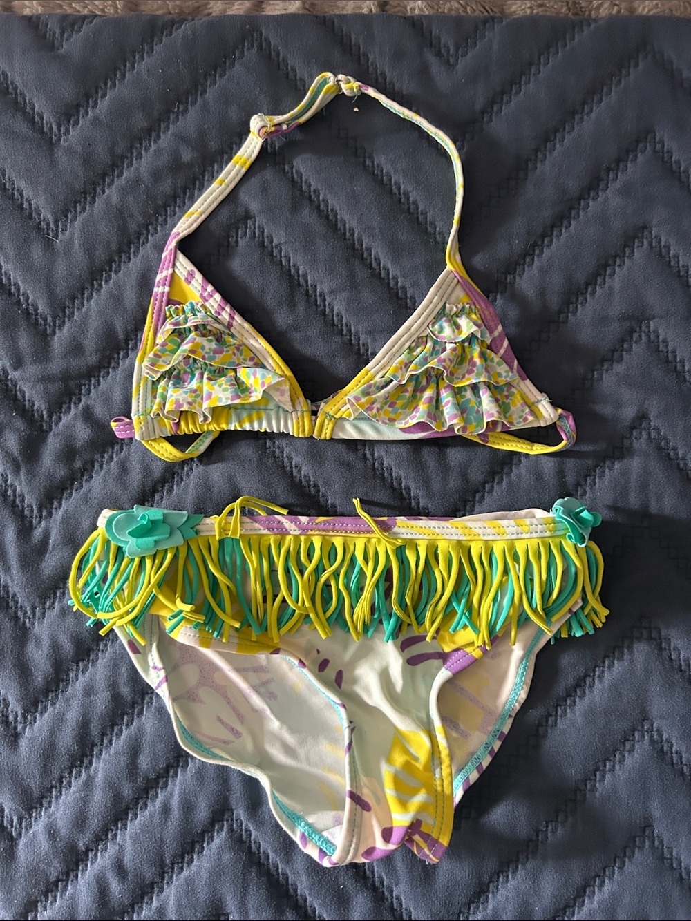Girls Yellow & Teal Fringe Bikini Set - Cute Ruffle Swimwear